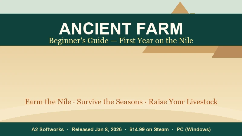Ancient Farm hero — a riverside Egyptian farm under a hazy sky, with a farm plot and livestock in the foreground