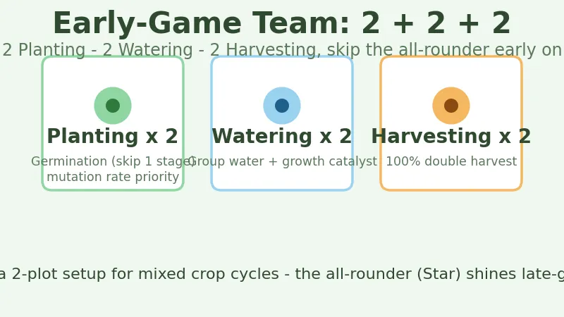 Early-game team composition โ 2 planting, 2 watering, 2 harvesting monsters