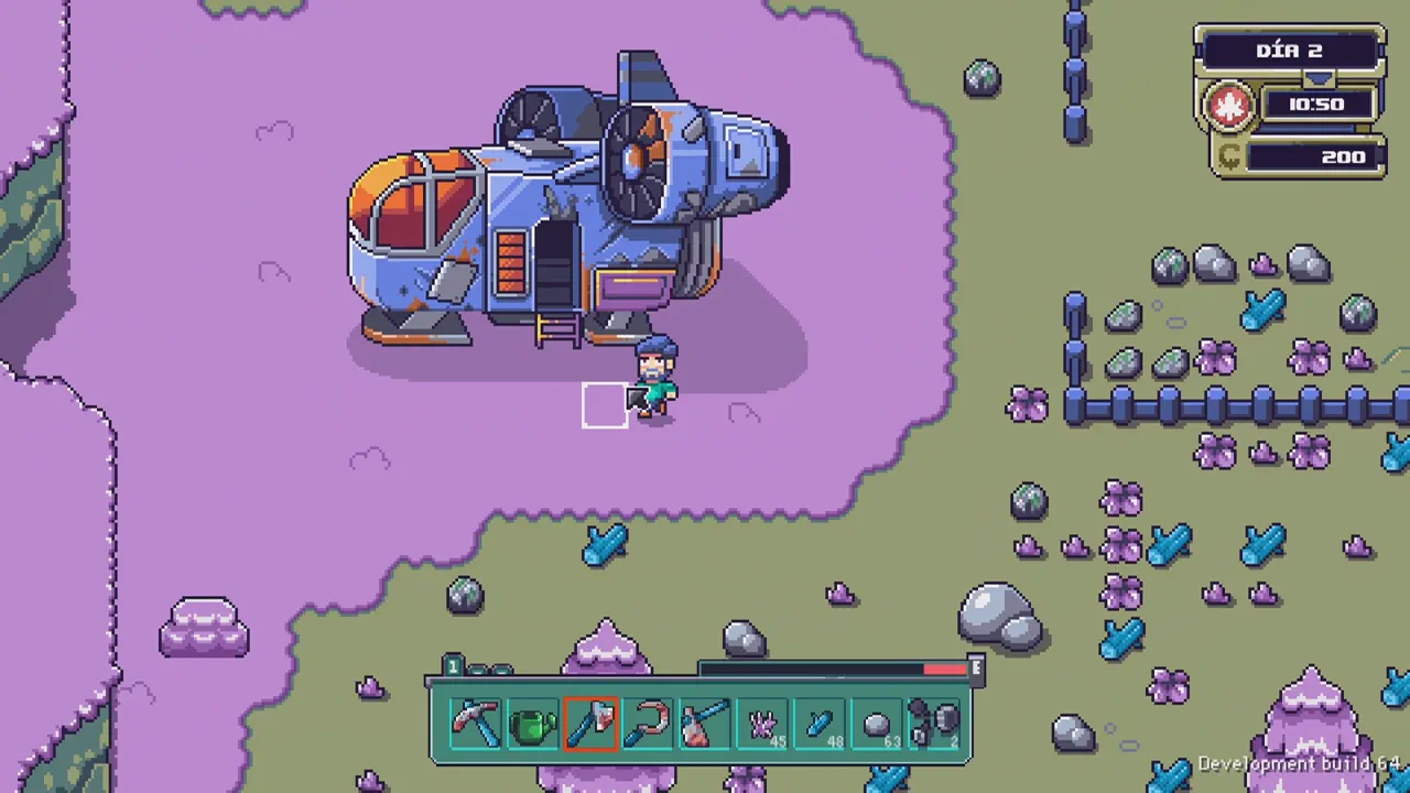 Farlands hero scene — a bargain rock planet in a distant solar system, bought for a fresh start with an old spaceship and a droid assistant