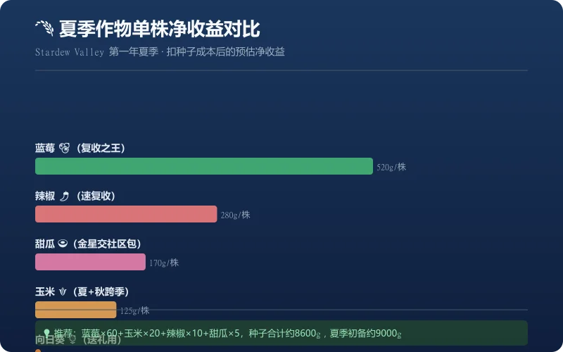 夏季作物单株净收益对比图——蓝莓约520g居首，辣椒约280g次之，甜瓜约170g，玉米约125g（跨夏秋两季），向日葵无收益仅作送礼用