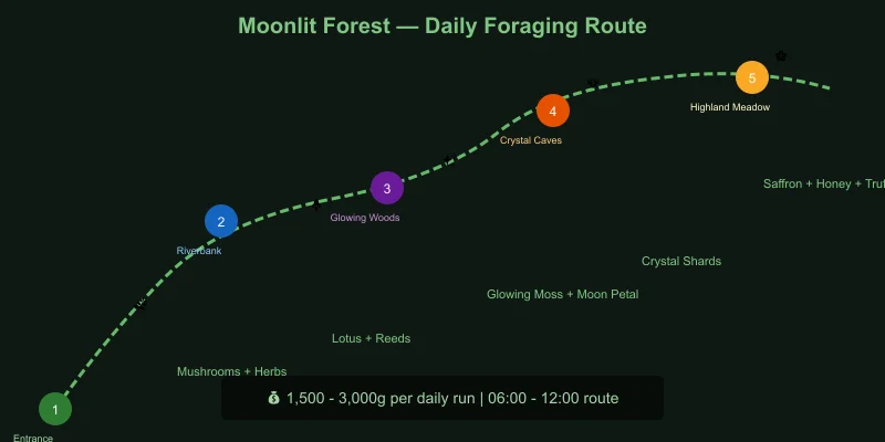 Moonlit Forest gathering route map showing resource nodes and camp locations