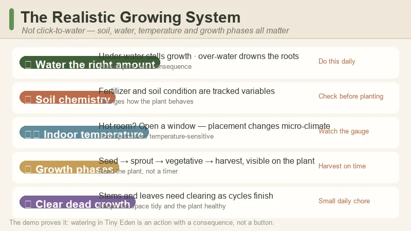 Tiny Eden's realistic growing system — a planter with distinct growth stages, a water gauge, soil chemistry readout and an indoor temperature indicator in a cozy first-person apartment view