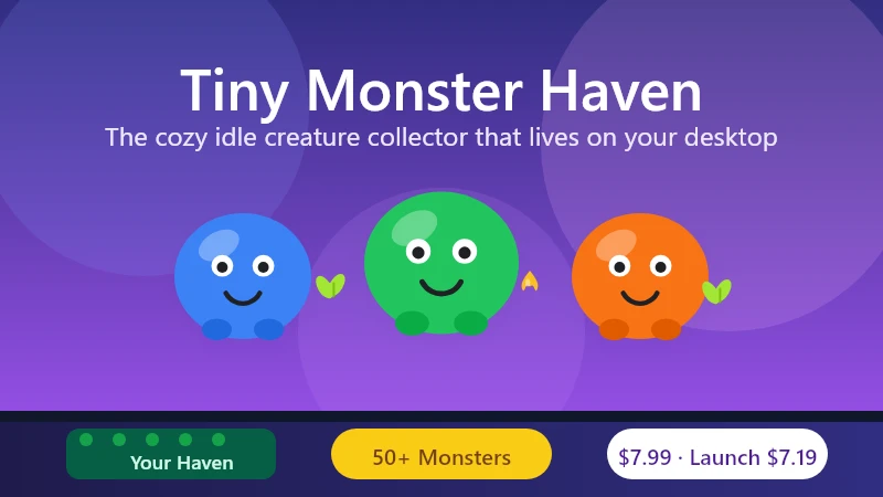 Tiny Monster Haven running at the bottom of a desktop — a cozy garden strip where tiny monsters water crops, harvest and cook