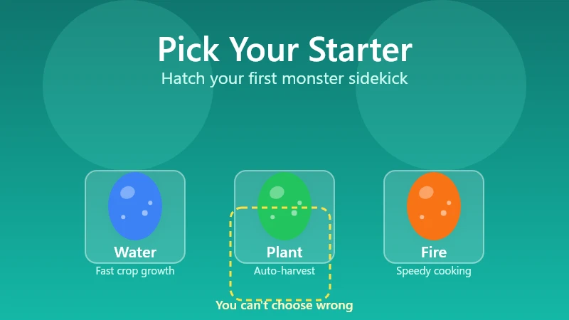 Tiny Monster Haven starter selection — three starter monsters on egg platforms with a hatch button at the bottom