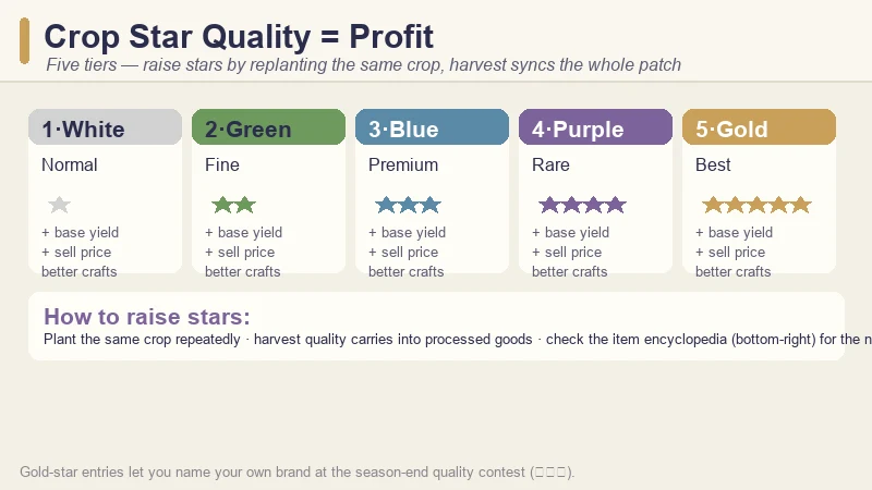 Village in the Shade crop star quality tiers — white to gold star and how continuous planting raises yield, sell price and craft quality