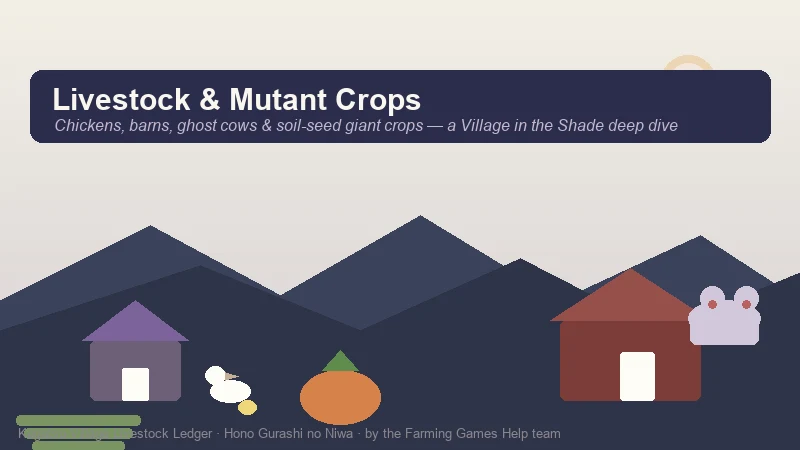 Village in the Shade livestock and mutant crops — a hen, a chick, a barn, a ghost cow and a giant pumpkin in the twilight